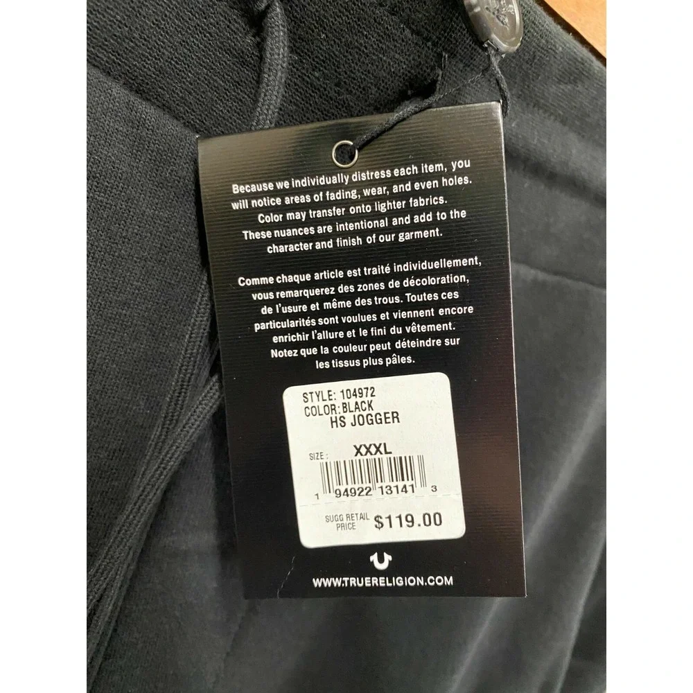 True Religion Jogger Pants Mens Size 3XL Black HS Fleece Jogger Pants New $119